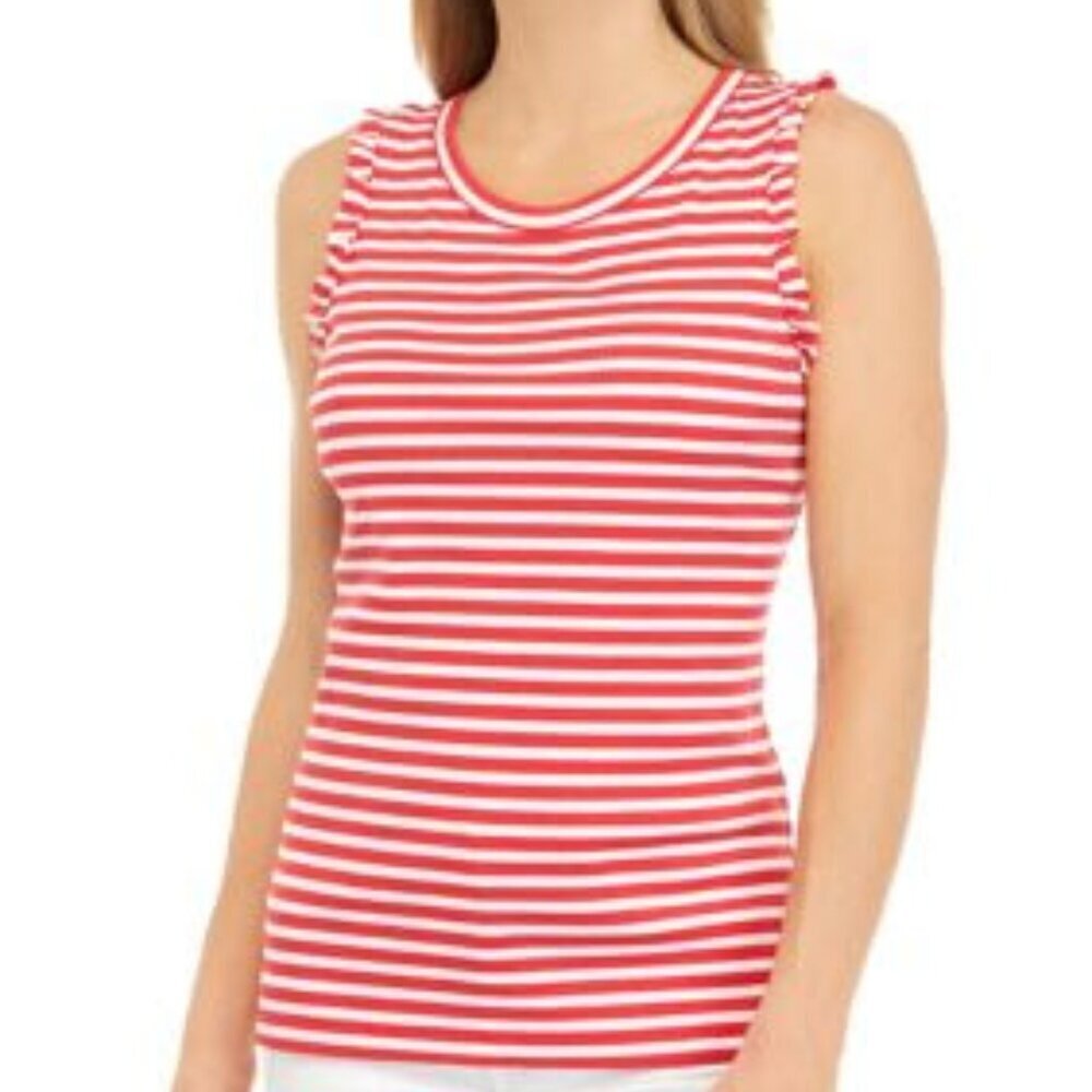 Crown &Ivy Red White Striped Ruffle Sleeveless Vacation Summer Tank Top  XXL NWT